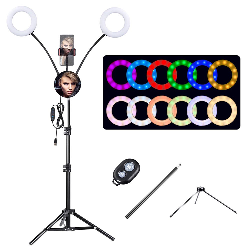 Yescom 7" Dual Ring Light RGB Selfie Mirror Phone Holder Remote Image