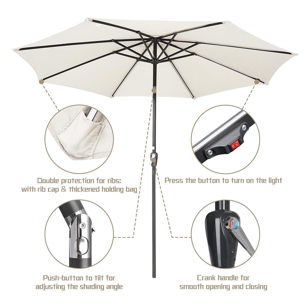 Yescom Solar Umbrella with Lights Tilting Outdoor Umbrella 9ft 8-Rib Image