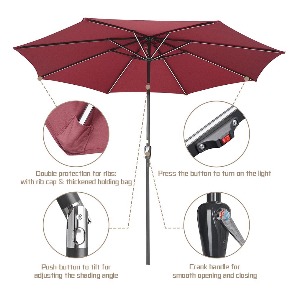 Yescom Solar Patio Umbrella w/ Lights Tilt Parasol Umbrella 9 ft 8-Rib Image