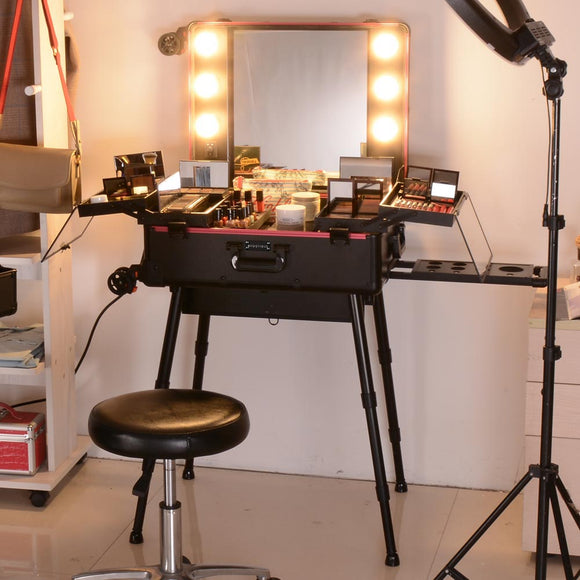 Yescom Rolling Studio Makeup Case with Lighted Mirror & Legs, XL Image