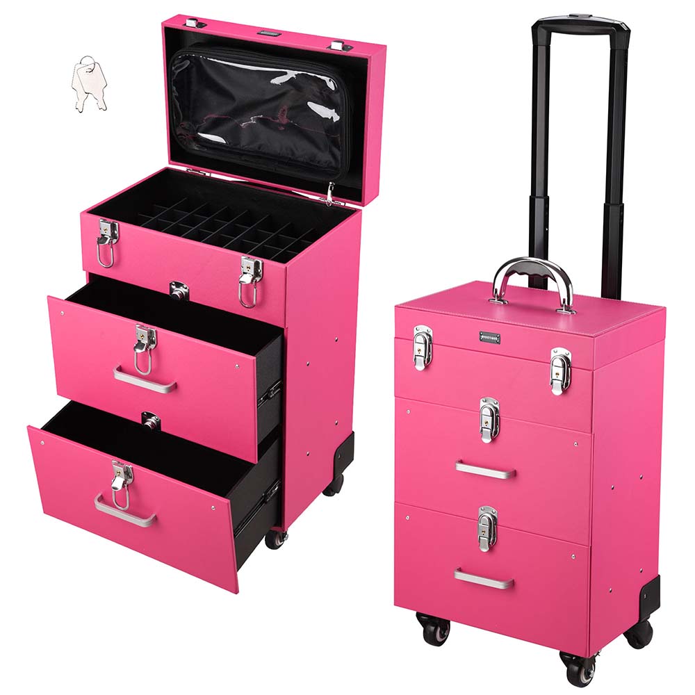 Yescom Pink Rolling Makeup Case with Drawers Nail Artist Image