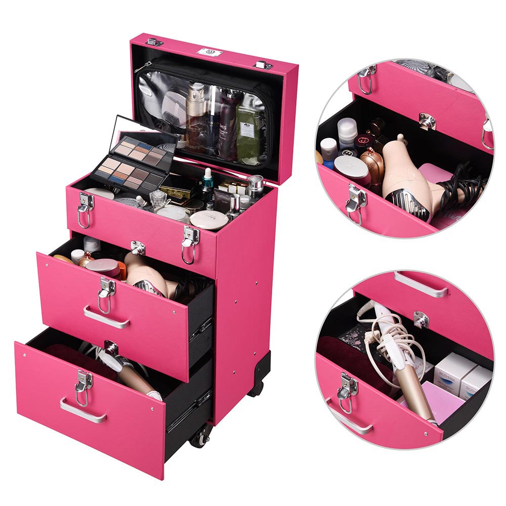 Yescom Pink Rolling Makeup Case with Drawers Nail Artist Image