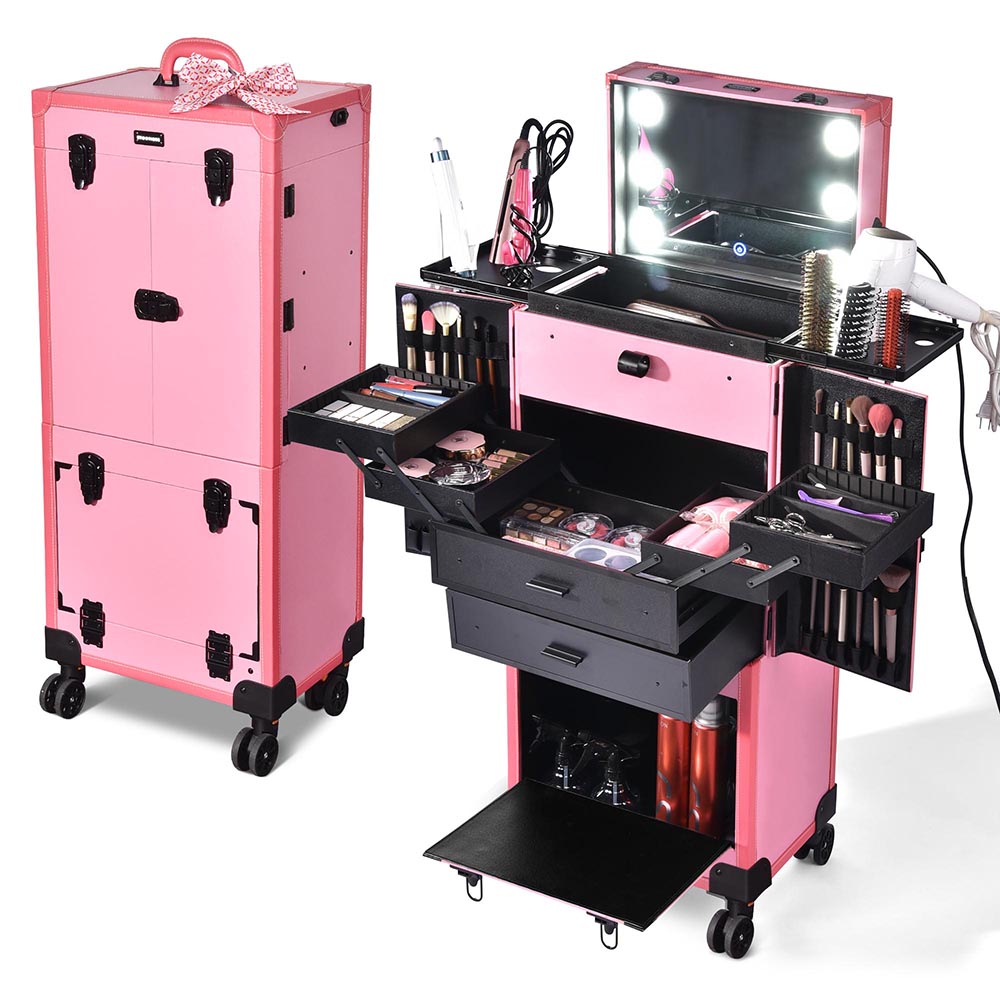 Yescom Professional Artist Rolling Makeup Case w/ Light & Mirror, Pink Image