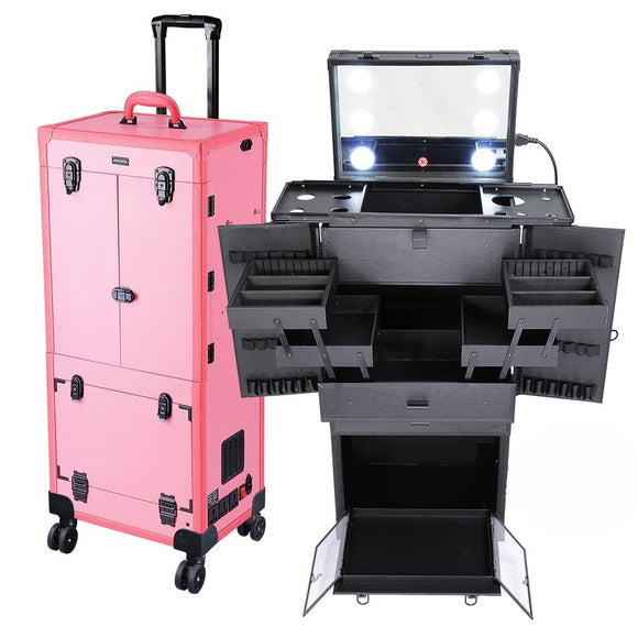 Yescom Professional Artist Rolling Makeup Case w/ Light & Mirror Image