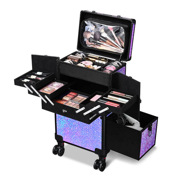 Yescom Rolling Makeup Case Lockable 4-Wheel Mermaid Purple Image