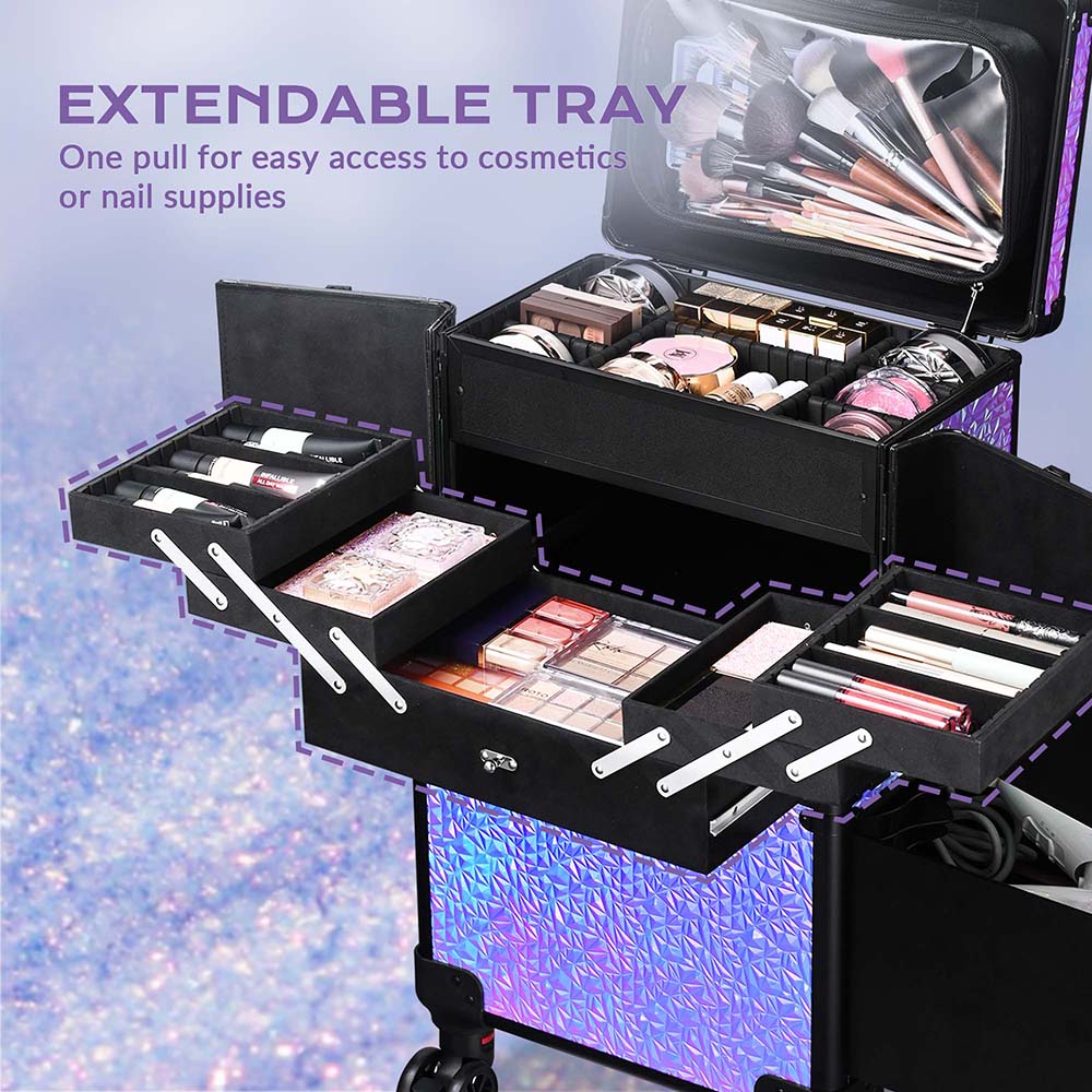 Yescom Rolling Makeup Case Lockable 4-Wheel Mermaid Purple Image