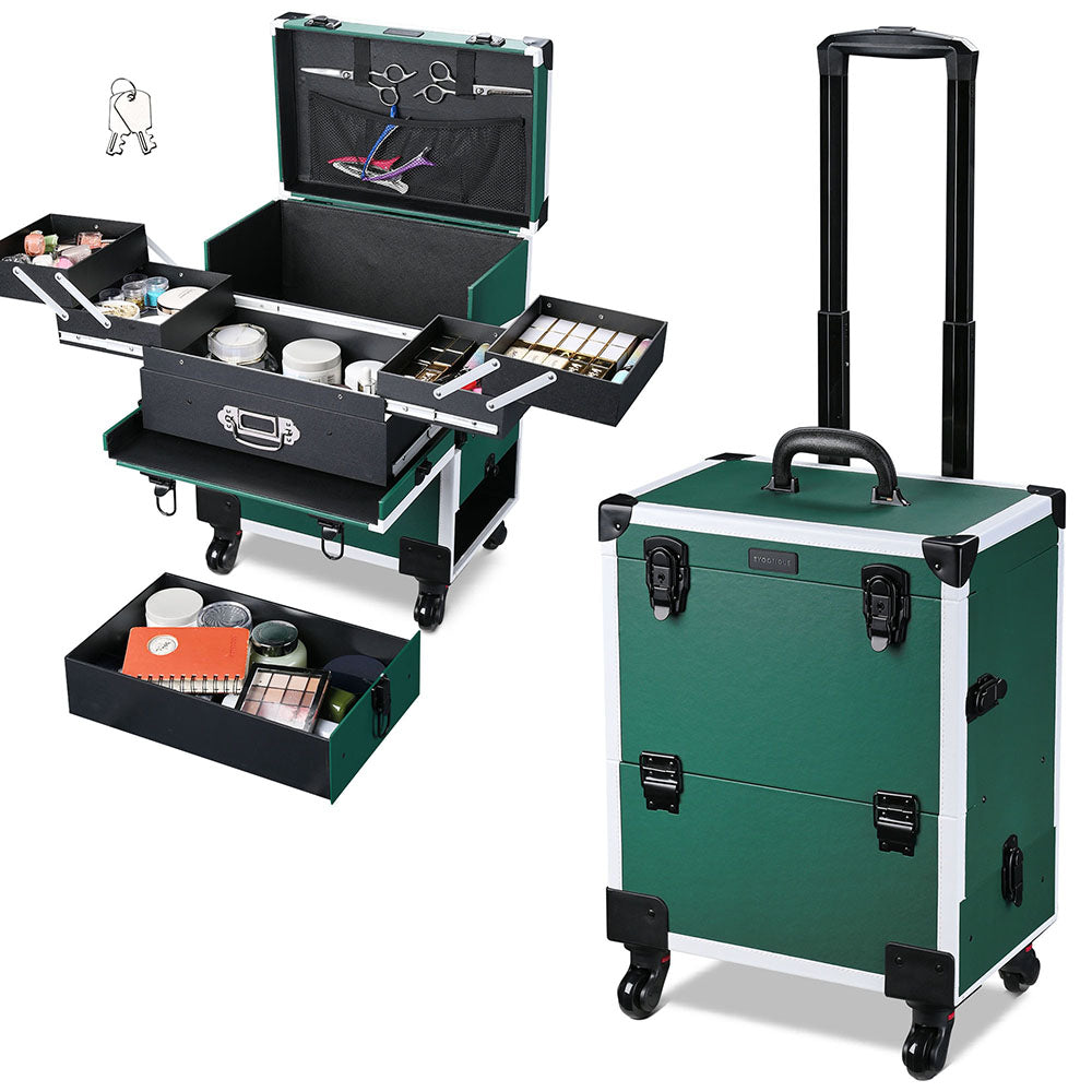 Yescom Emerald Green Makeup Case on Wheels w/ Drawer Image