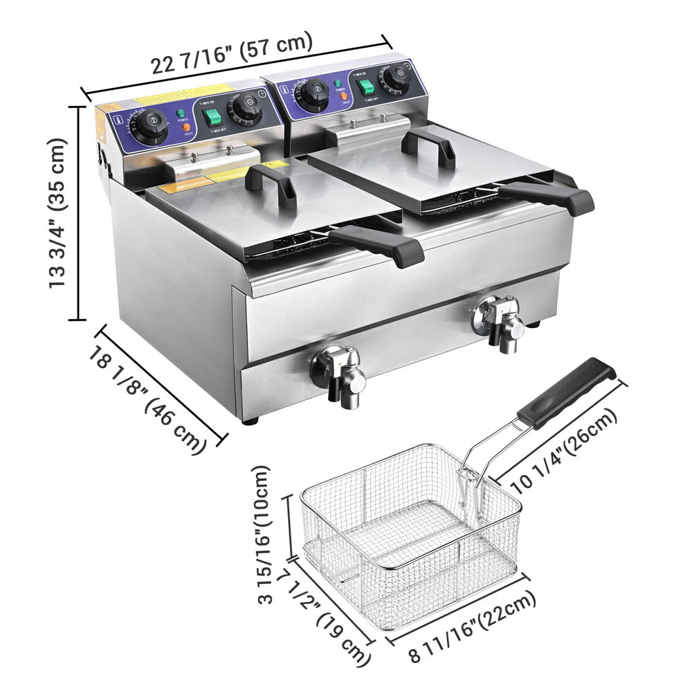 Yescom Electric Deep Fryer Drain Timer 20L 2-Tank Stainless Steel Image