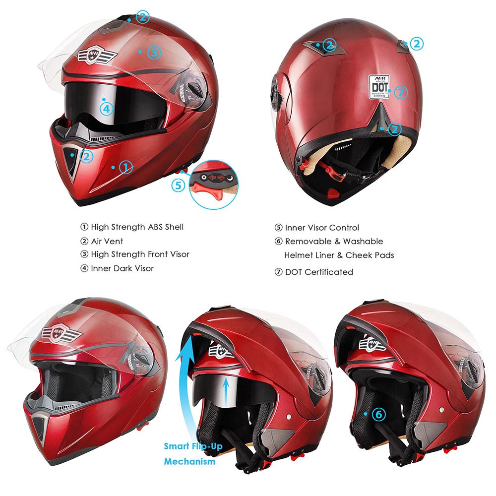 Yescom Modular Helmet Flip Up Full Face Dual Visors DOT Red Image