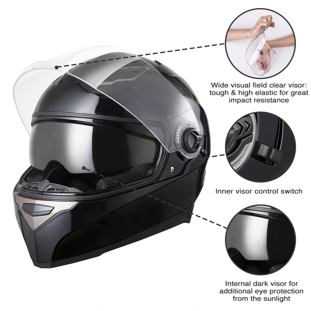 Yescom DOT Motorcycle Helmet Full Face Dual Visors Black Image