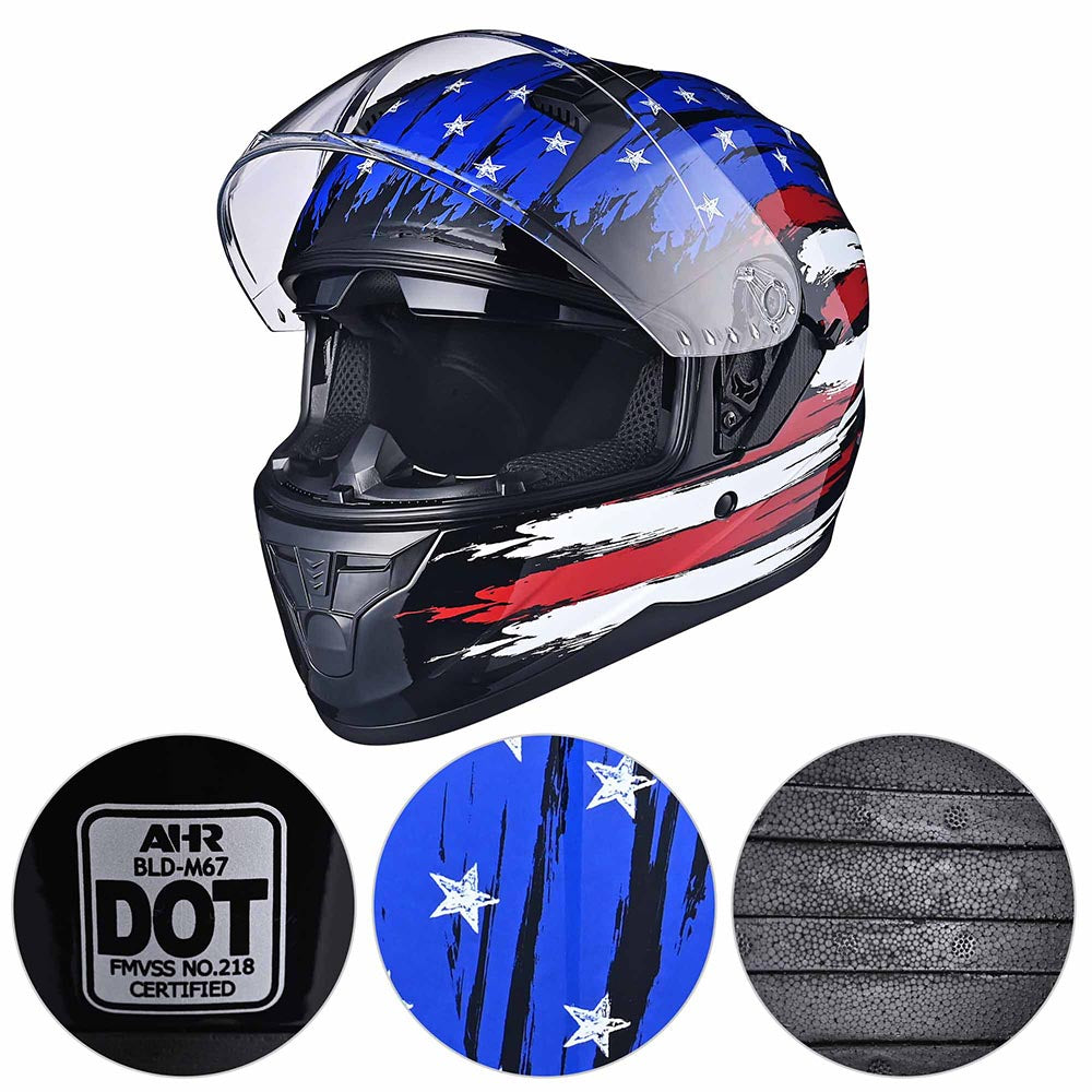 Yescom RUN-F DOT Full Face Helmet Dual Visor Flag Image