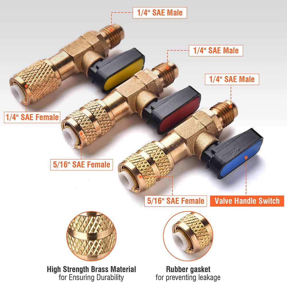 Yescom AC R410A 1/4" Refrigerant Gauges 3 Straight Ball Valves Image