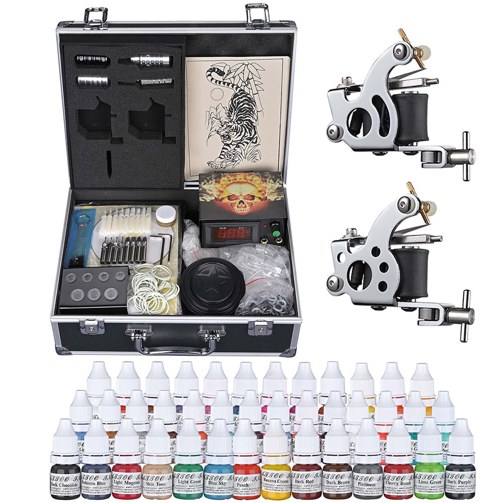 Yescom 2 Tattoo Guns Machine Kit w/ LCD Power Supply 40 Color Inks & Case Image