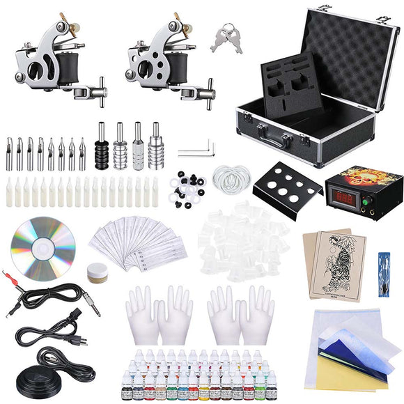 Yescom 2 Tattoo Guns Machine Kit w/ LCD Power Supply 40 Color Inks & Case Image