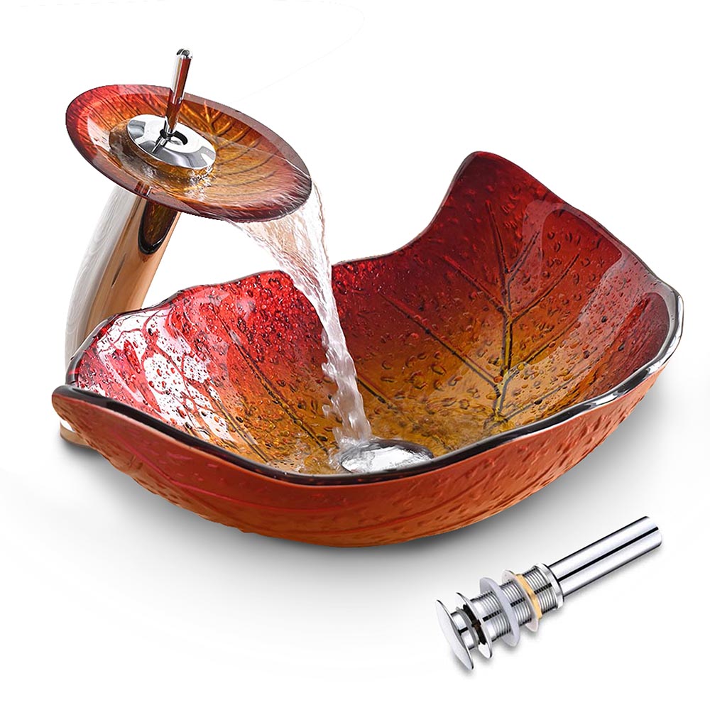 Yescom Glass Leaf Sink Basin & Waterfall Faucet Kit Image