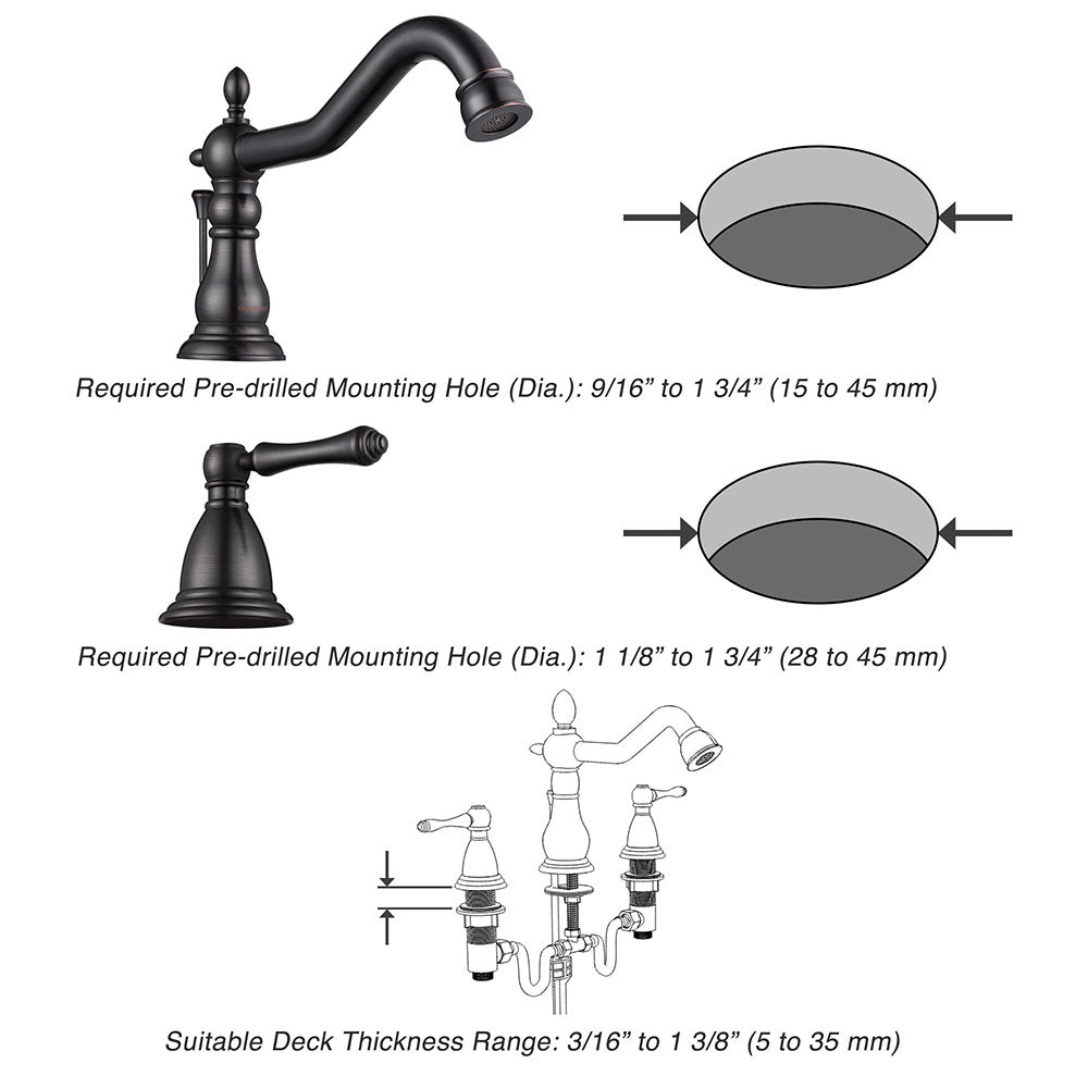 Yescom Widespread Faucet w/ Drain 3-Hole 2-Handle Cold Hot 6"H Image