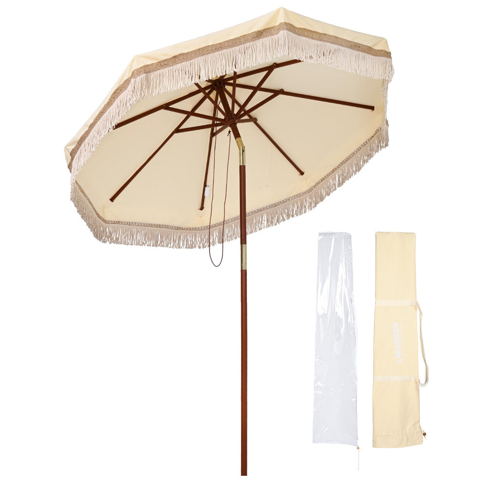 Yescom Boho Fringe Umbrella Wood Market Umbrella, Butter Twisted Root Image