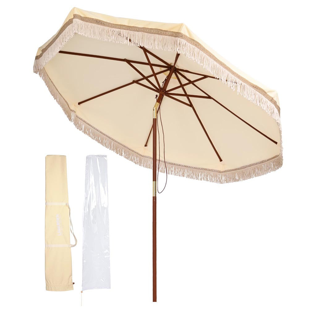 Yescom 9 ft Boho Umbrella with Fringe for Market Patio 8-Rib Tilt, Butter Twisted Image